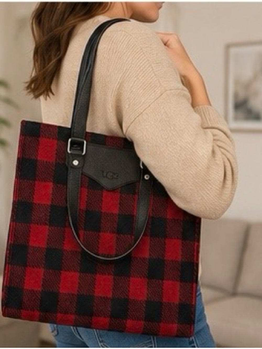 UGG Australia Buffalo Plaid Red Black Large Tote Bag Leather Trim